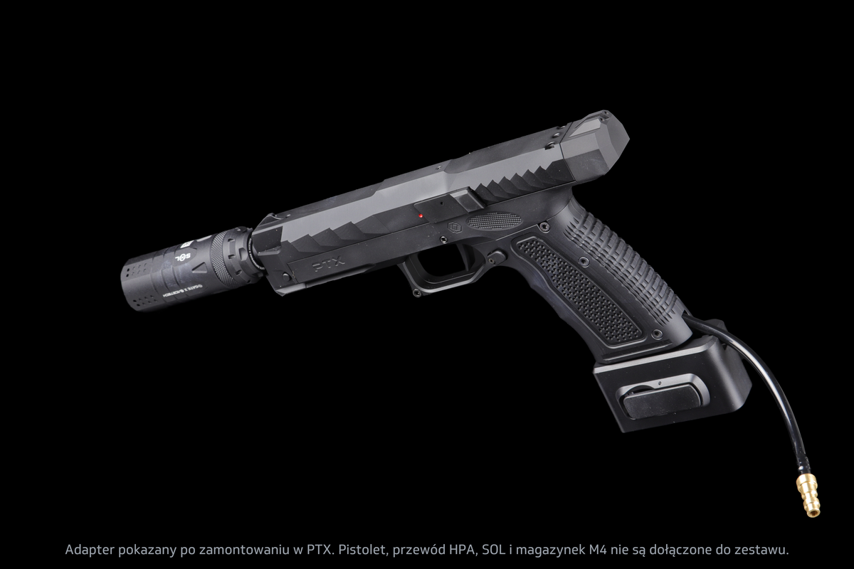 Adapter GATE x AIRTAC M4 do GATE PTX — przykładowa konfiguracja z drugiej strony; pistolet PTX, SOL i przewód HPA sprzedawane osobno.