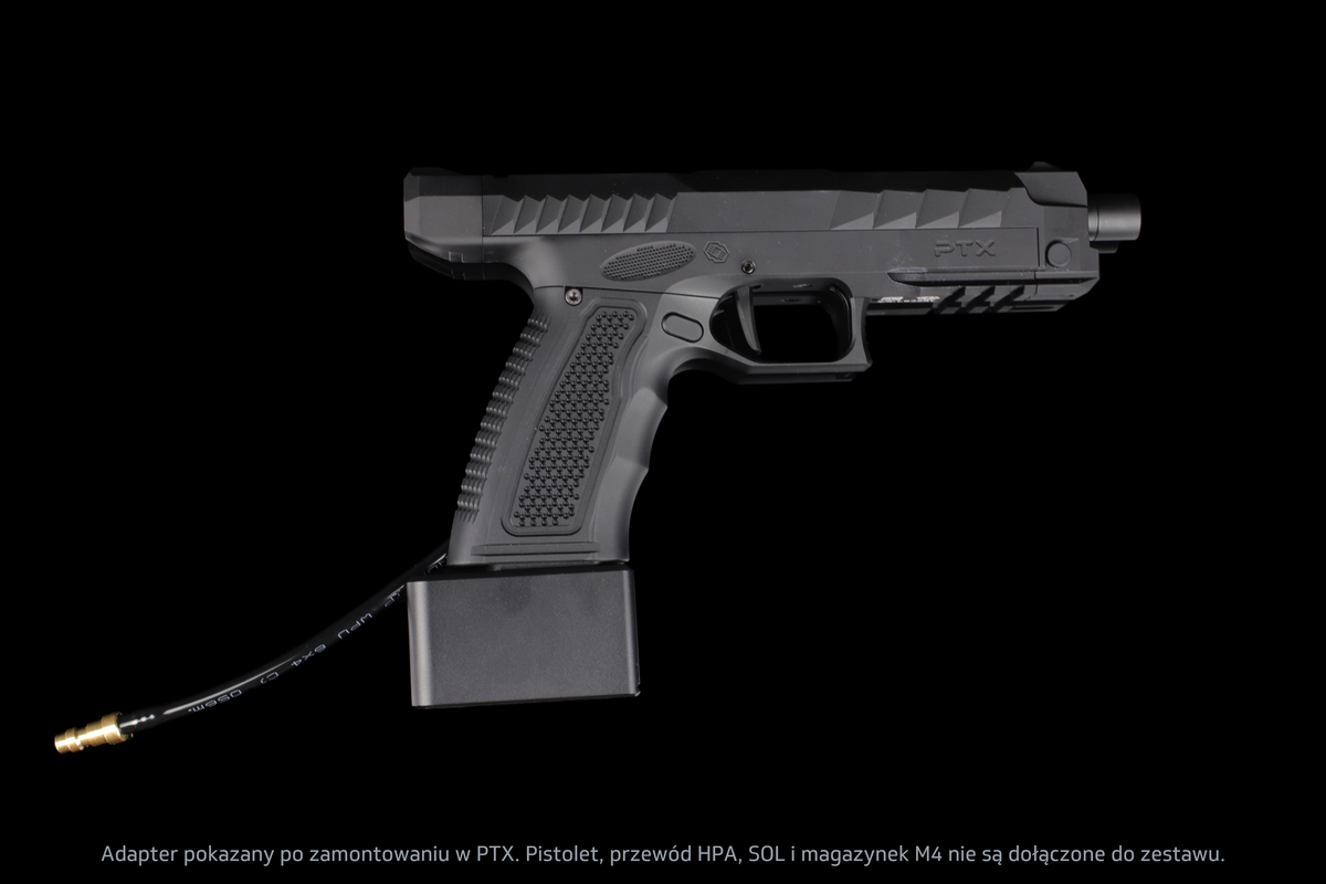 Adapter GATE x AIRTAC M4 zamontowany w GATE PTX — profil boczny; pistolet PTX i przewód HPA sprzedawane osobno.