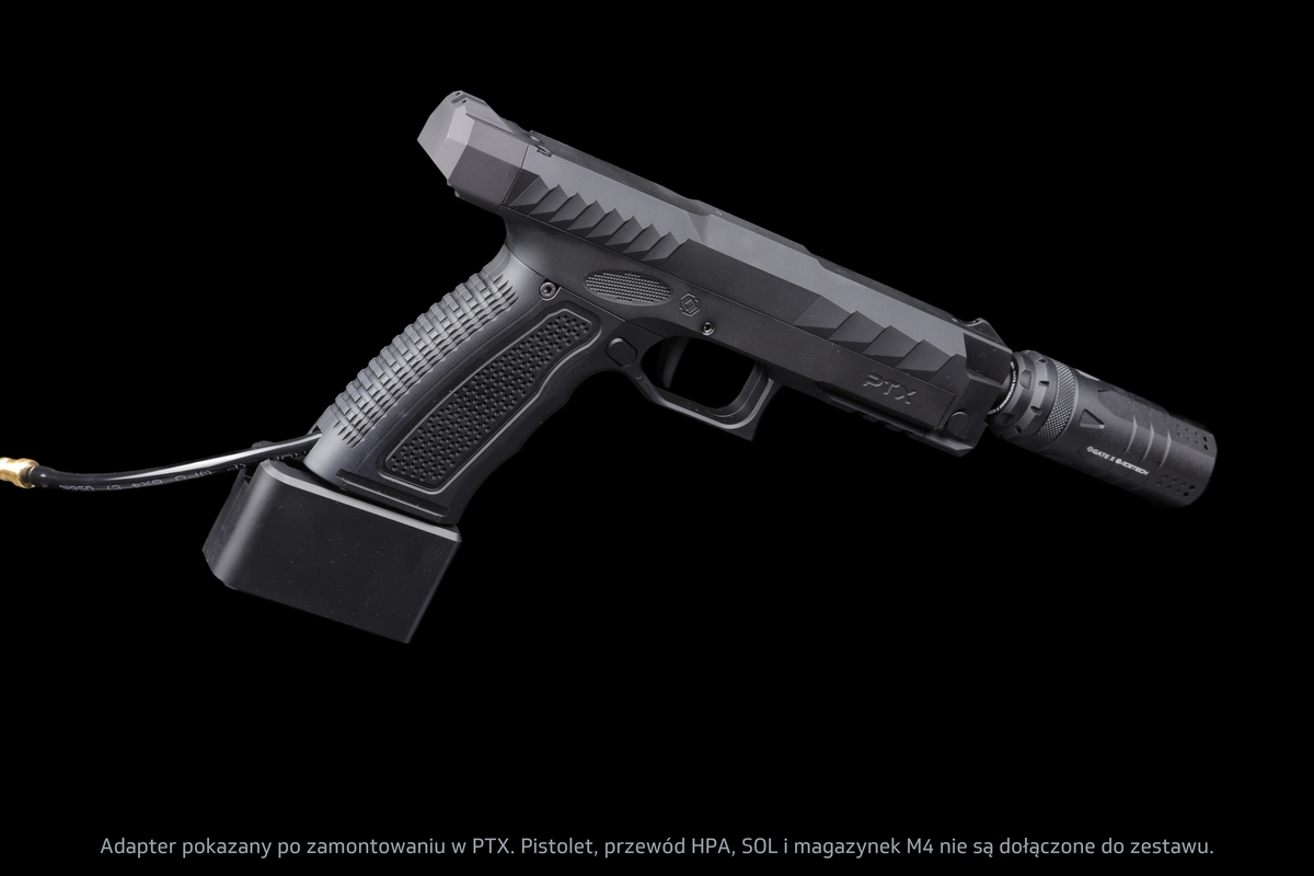 Adapter GATE x AIRTAC M4 do GATE PTX — przykładowa kompletna konfiguracja; pistolet PTX, SOL i przewód HPA sprzedawane osobno.