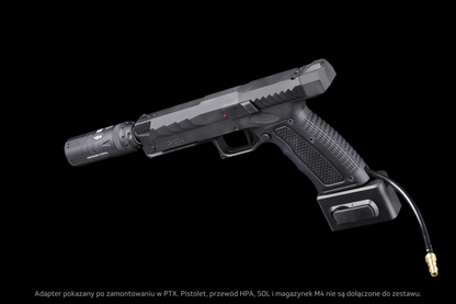 Adapter GATE x AIRTAC M4 do GATE PTX — przykładowa konfiguracja z drugiej strony; pistolet PTX, SOL i przewód HPA sprzedawane osobno.