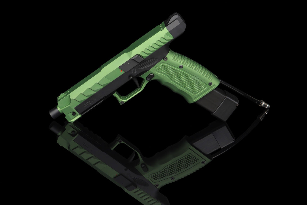 Zielony pistolet HPA GATE PTX — platforma, w której rozwijano konstrukcję PULSAR S2