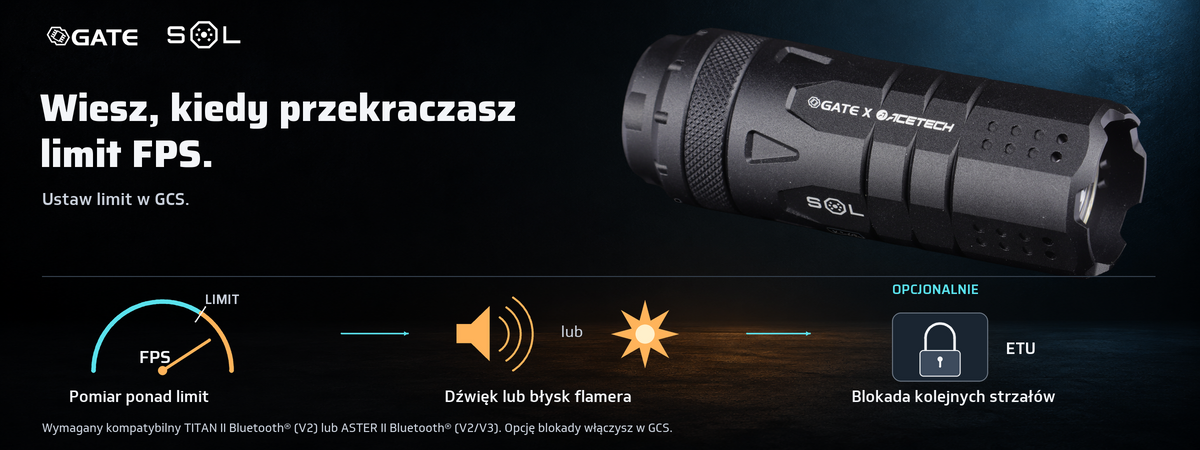 Ostrzeżenie o przekroczeniu limitu FPS i opcjonalna blokada kolejnych strzałów w GATE SOL; wymagany kompatybilny ASTER II lub TITAN II.