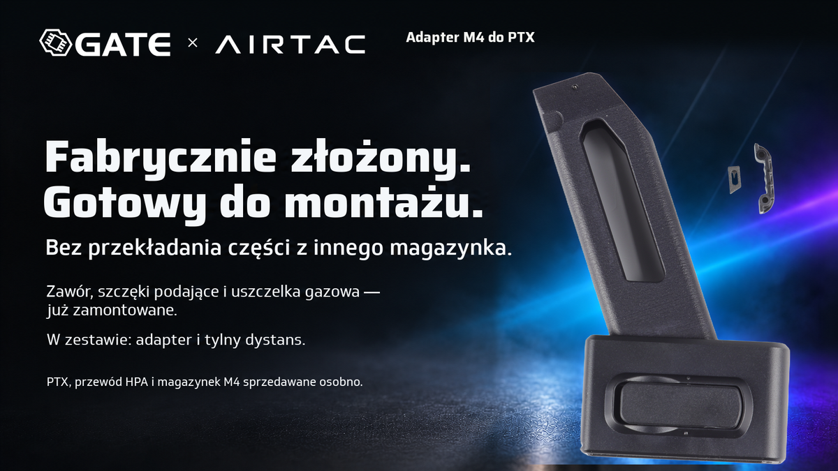 Adapter GATE x AIRTAC w wersji prostej i dołączone elementy do dopasowania, na czarnym tle.