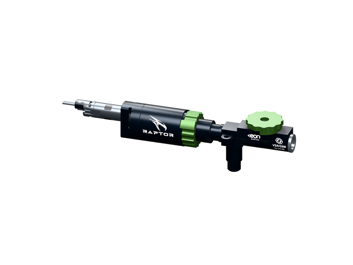 GATE RAPTOR V3 — czarny silnik HPA z zielonym pierścieniem QD i białym grawerem
