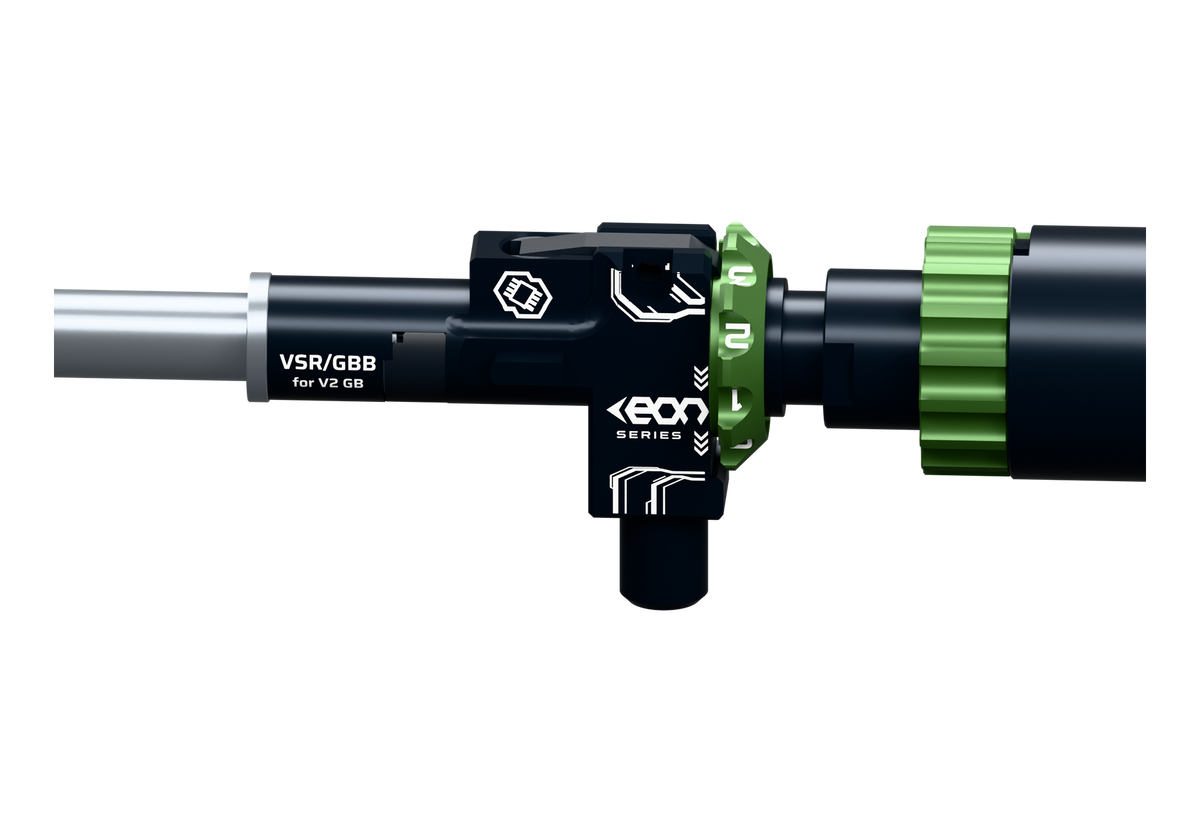Czarna komora hop-up EON VSR do RAPTOR V2, z białymi grawerami i zielonym kołem regulacji PTX