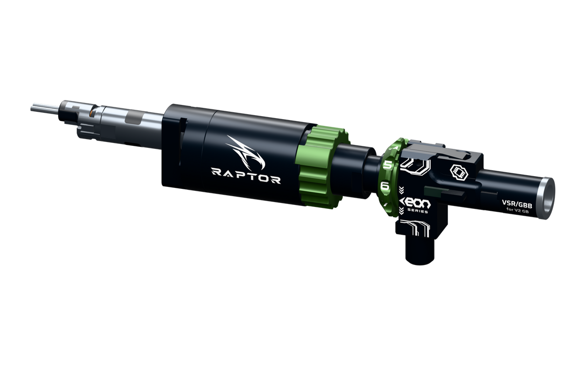 GATE RAPTOR V2 — czarny silnik HPA z zielonym pierścieniem QD i białym grawerem